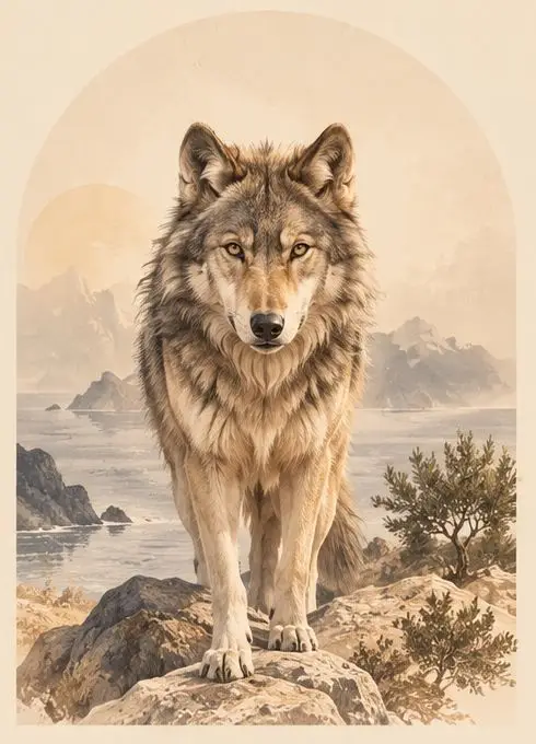 Wolf auf Felsen am Meer